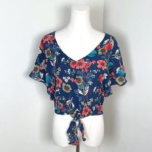 Hayden Los Angeles Navy Blue Tropical Floral Tie Front Crop Top NWT Large